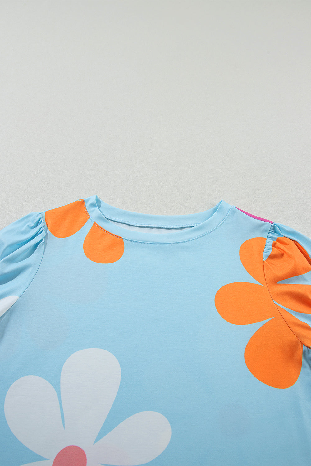 Sky Blue Flower Print Bubble Sleeve Tee