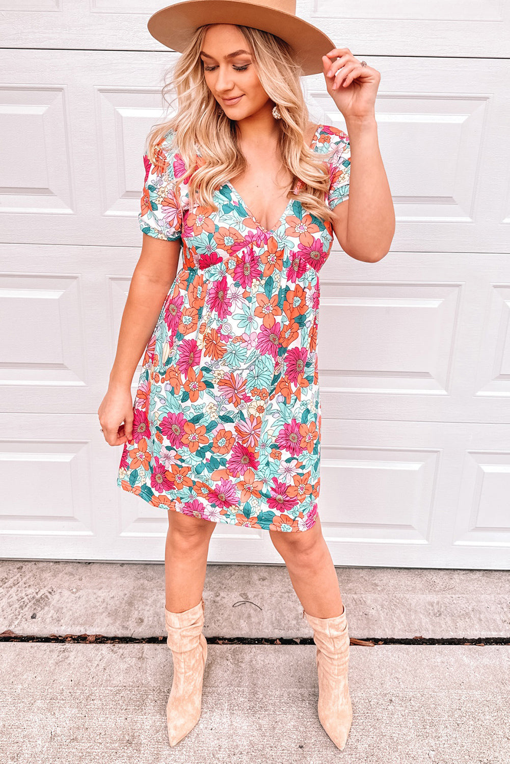 Multicolor Floral Print Tie Back Short Sleeve Dress