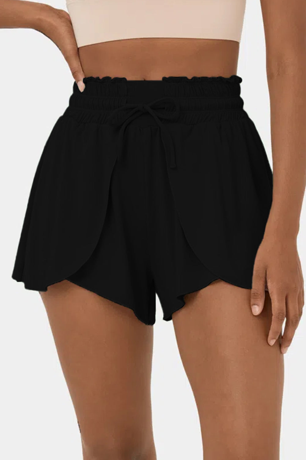 Black Frilly High Waist Petal Wrap Swim Shorts