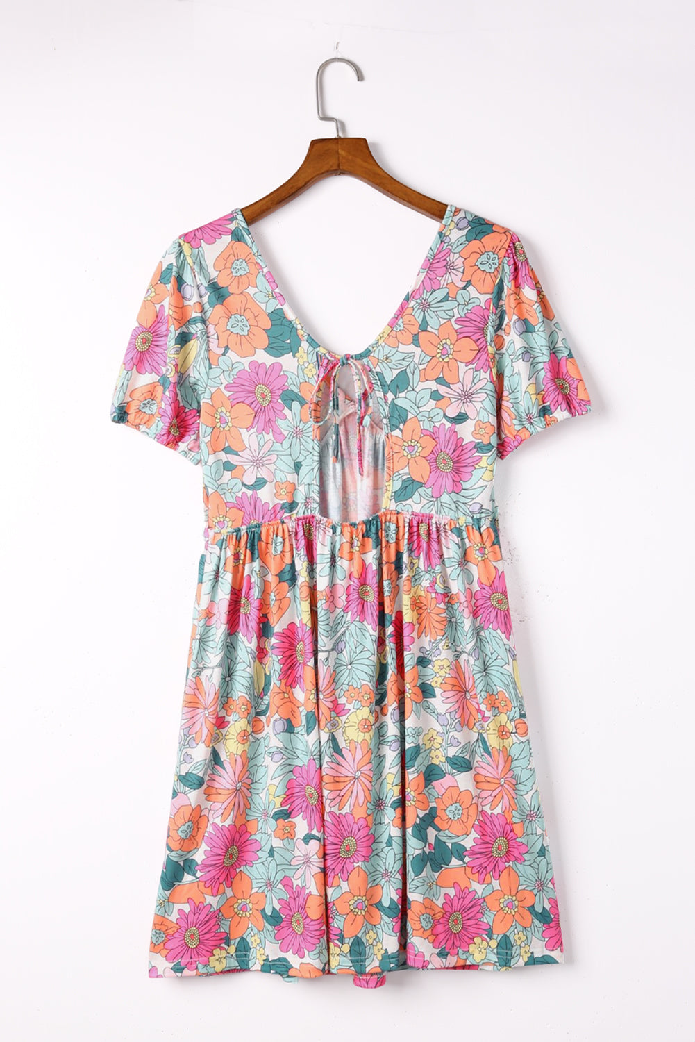 Multicolor Floral Print Tie Back Short Sleeve Dress