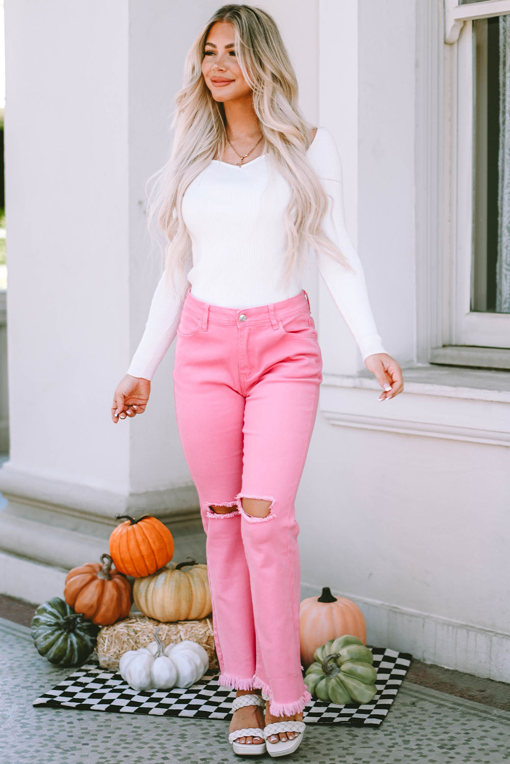 Pink Vintage High Waist Flare Leg Ripped Raw Hem Jeans